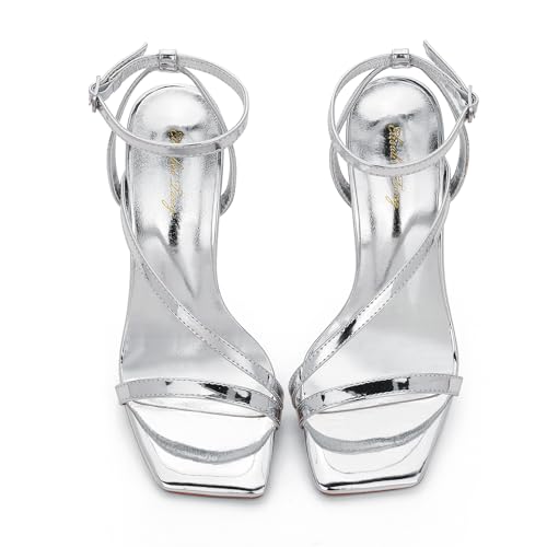 Image of Elisabet Tang Women's Crystal Stilettos Heeled Sandals, 4 Inch Square Open Toe Strappy Sexy High Heels Ankle Strap Buckle Heels for Party Wedding Dress Daily Wear Shoes