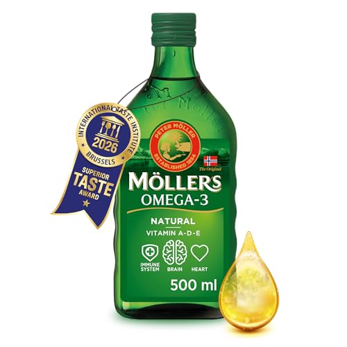 Moller’s ® | Huile de foie de morue oméga 3 | Compléments alimentaires oméga-3 avec EPA, DHA, vitamines A, D et E | Prix Superior Taste | Marque vieille de 166 ans | Neutre | 500 ml