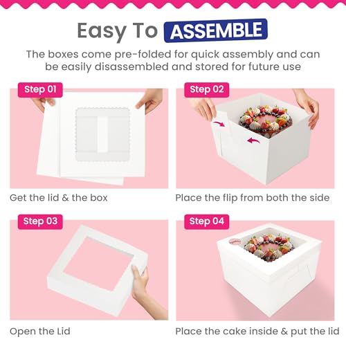 RICCLE 5pcs Cake Boxes, 10x10x8 Inches Tall Cake Box with Window, Large White Bakery Boxes, Baking Boxes, Square Cardboard Cake Box for Multi-Layer Cakes, Cake Decorating Supplies - Thumbnail 5