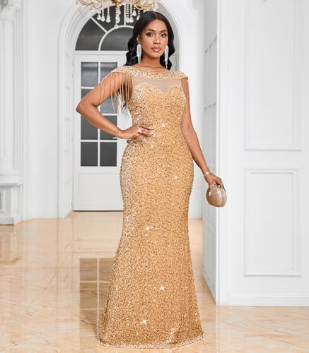 Image of Cololura Women Sexy Sequin Mesh Perspective Bodycon Party Cocktail Evening Gown Maxi Dress