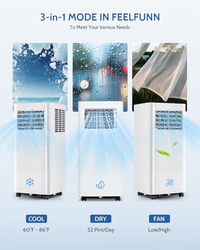 Image of Feelfunn 10,000 BTU Portable Air Conditioner, 450 Sq Ft, 3-in-1, Remote | 60-86F temp range, <50dB quiet, sleep mode, 24H timer, 360 wheels. Ideal for bedroom, office, dorm