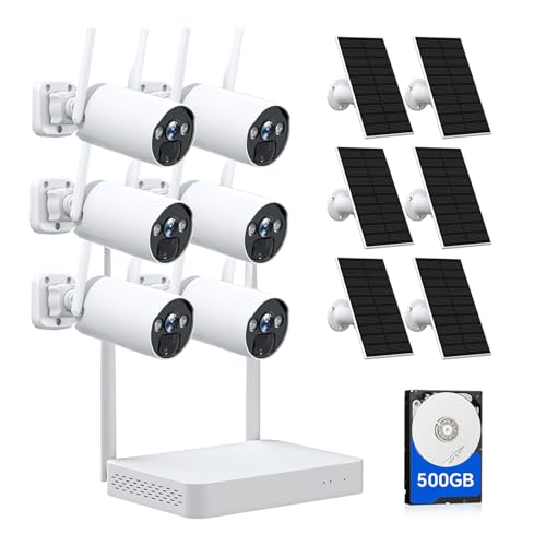 CAMCAMP Solar Security Cameras Wireless Outdoor, Home Security Camera System, 4MP Solar-Powered 6 Cam-Kit, 10CH NVR w/ 500GB HDD, 2.4G& 5G WiFi, Color Night Vision, Motion Detection, 2-Way Audio, IP66