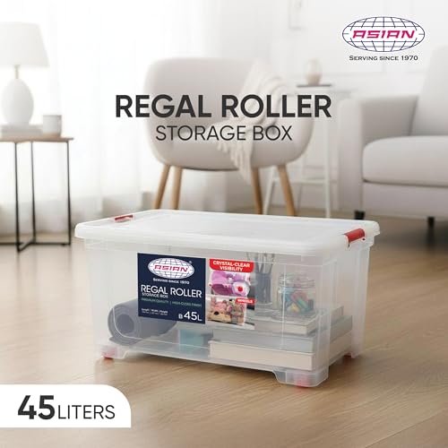 Image of Asian Plastowares - Regal Roller | 45 Ltr - Storage Box | Stackable Organizer for Clothes, Toys, Kitchen, Makeup & More | BPA-Free, Space-Saving Design | Multipurpose Boxes | Transparent