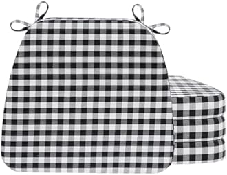 AAAAAcessories D-Shaped Chair Cushions, 2" Thick Dining Chair Pads with Ties and Removable, Machine-Washable Cover, 17" x 16", Set of 4, Checkered Black/White