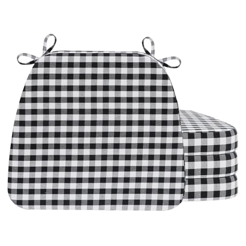 AAAAAcessories D-Shaped Chair Cushions, 2" Thick Dining Chair Pads with Ties and Removable, Machine-Washable Cover, 17" x 16", Set of 4, Checkered Black/White
