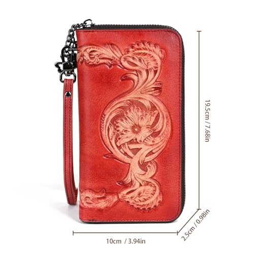 Genuine Leather Women's Wallet Flower Pattern Wristlet Long Wallet Card Holder (Red)4
