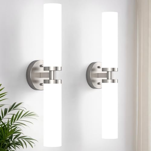 Image of Wall Sconces Set of 2, Hardwired Bathroom Light Fixtures, | Modern Vanity Wall Lighting with Milky White Glass Shade, Wall Sconce for Mirror Bedroom Hallway, E26 Base, Brushed Nickel