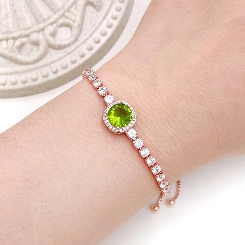 Image of Rose Plated Gold Brass Box Chain Cubic Zirconia Classic Tennis Slider Adjustable Bracelet, Round Big Zircon Charm Give Woman Mom Mother's Day Fashion Crystal Gift