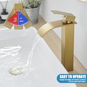 RUMOSE Tall Brushed Gold Bathroom Faucet with Pop Up Drain Modern Single Handle One Hole Bathroom Vessel Sink Faucet Waterfall Spout Rv Lavatory Vanity Faucet Deck Mount Mixer Tap, Stainless Steel RUMOSE Tall Brushed Gold Bathroom Faucet with Pop Up Drain Modern Single Handle One Hole Bathroom Vessel Sink Faucet Waterfall Spout Rv Lavatory Vanity Faucet Deck Mount Mixer Tap Stainless Steel