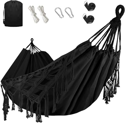 Double Hammock, Portable Boho Hammocks with Tassels, Heavy Duty 500 lb Load Capacity with Mounting Straps, Cotton Rope Hamaca Swing with Travel Bag for Outdoor Camping Patio Balcony (Black)