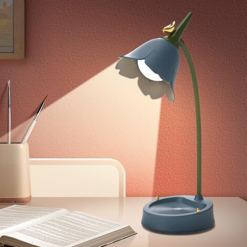 Lampada da tavolo a LED a forma di fiore, senza fili, lampada da tavolo per bambini, 3 modalità di colore, dimmerabile, con controllo touch, USB, paralume senza fili, per lettura, apprendimento, blu
