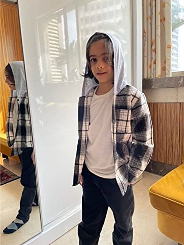 Qlipin Boys Plaid Hooded Button Down Flannel Shirt Long Sleeve Jacket Top Fuzzy Fall Winter Clothes Buffalo Plaid Coat #TOP3