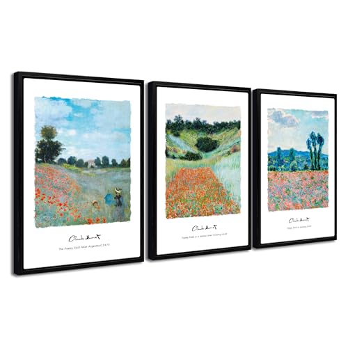 Pyradecor Large Black Framed Canvas Wall Art 3pcs the Poppy