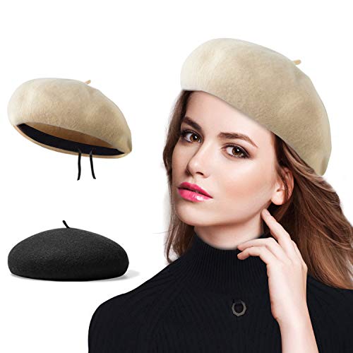 Beret Hat of French Vintage Style, Elegant Soft Stretch Wool Cap, Lightweight Classic Boinas Winter Beanie (Black/Beige)