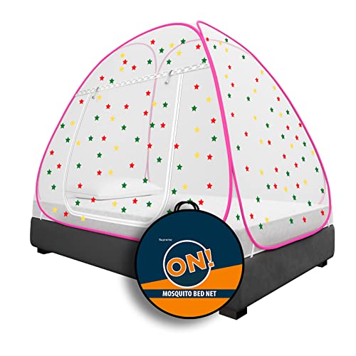 Image of KOLAR Supreme On Mosquito Net for Single Bed, 6.5 Feet X 4 Feet Premium Machardani with 30 Pair of Stars, Strong and Durable, 30 GSM, Tent Type, Foldable, Corrosion Resistant (Single Bed, Pink)