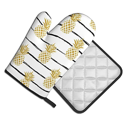 Gold Pineapple Striped Oven Mits, Heat Resistant Oven Mitts And Pot Holders For Kitchen Baking Cooking Grilling #TOP1