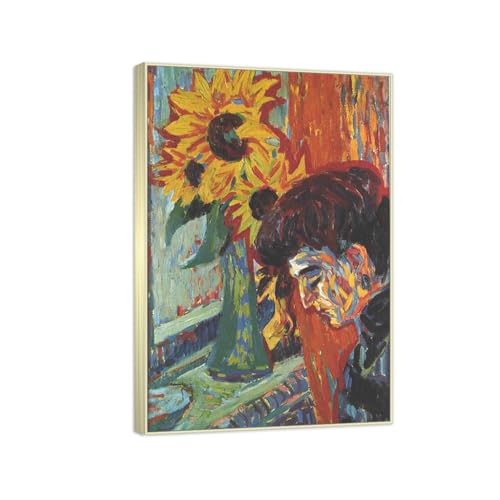 Toile abstraite Ludwig Kirchner Sunflowers 30x45 cm avec cadre champagne pour décoration murale