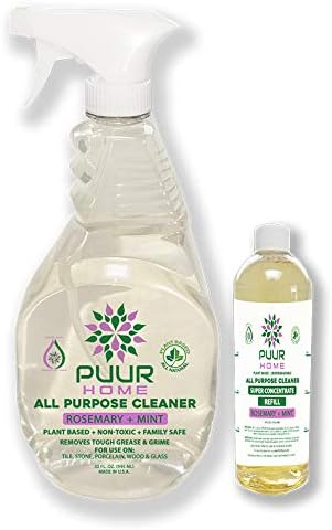 PUUR Home natural all purpose cleaner. 32 oz.Spray + 4 oz super concentrate makes 160 oz (1.25 gallons) Total.Rosemary Mint Scent Non-Toxic Biodegradable