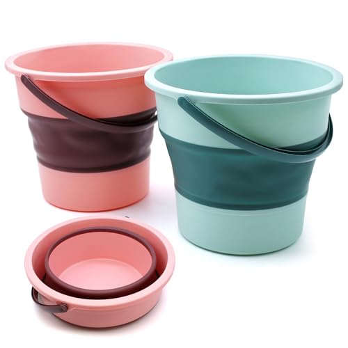 WYYFXY® 2 PCS Silicona Cubo Plegable Camping 5L Cubo Agua Plegable Barreño 5 litros Balde Plegable Palangana para Playa, Pesca, Camping, Hikenture Viajes, Coche (Verde y Rosa)