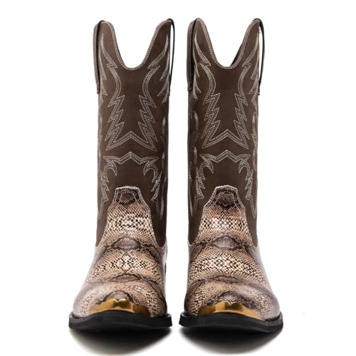 Image of Men's cowboy boots round toe boots embroidered with traditional Western country artificial snakeskin pattern