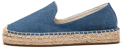 Image of Women's Classic Slip on Flat Shoes Casual Cap-Toe Platform Simple Espadrille Canvas Loafers Dark Denim 6