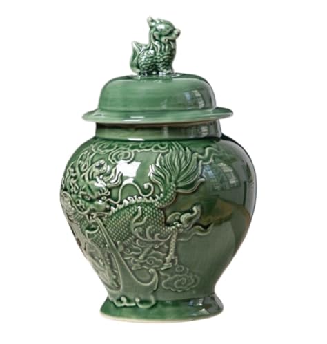 tarro de cerámica, Jarrón de porcelana con tapa, tarro jengibre estampado Floral verde cerámica, decoración almacenamiento, centro mesa, templo