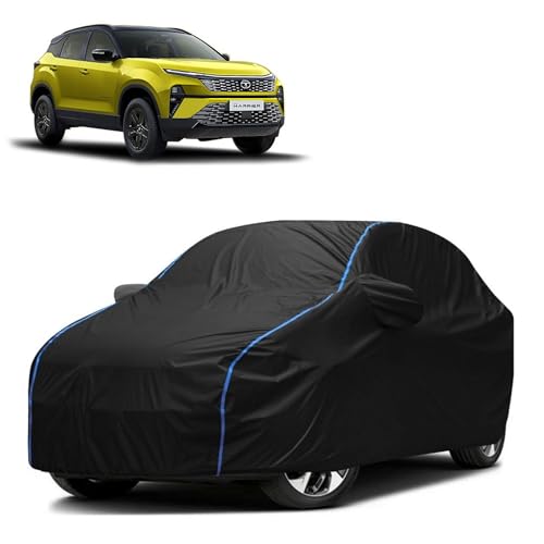 Image of Kerwa Car Body Cover Waterproof Compatible with TATA Harrier | Scratch Proof, Anti-Dust, UV Protection with Windproof Buckle Strap and Mirror Pockets, Bottom Elastic Fitted-Black