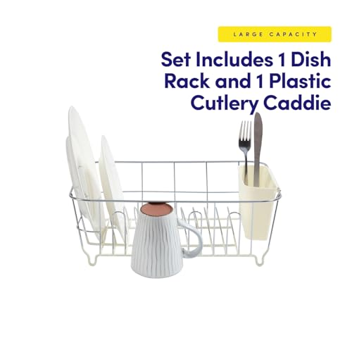 Dish Drying Rack & Cutlery Holder 2 Piece Set - Compact Sink-Fitting Dish Drainer with Rubberized Undercoating, Space-Saving Kitchen Organizer for Plates, Cups, Bowls & Utensils in Sink, Ivory - Thumbnail 3