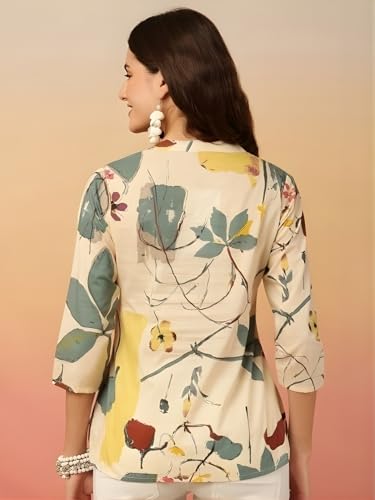 Image of Women's Cotton Printed Short Kurti, Round Neck, Three Quarter Sleeve, Straight Fit, Pack of 2