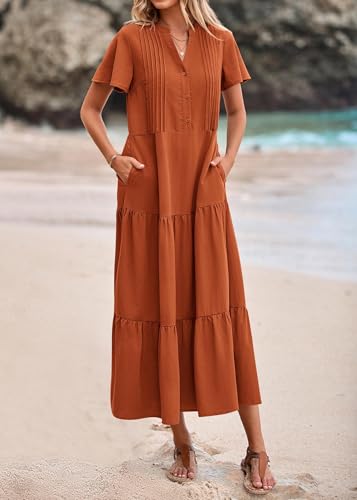 Image of KIRUNDO Summer Maxi Dresses for Women 2026 | Spring Fashion Short Sleeve Tiered Flowy Dress, Button V Neck, Pleated, Loose Fitting, Nursing & Bump Friendly, With Pockets