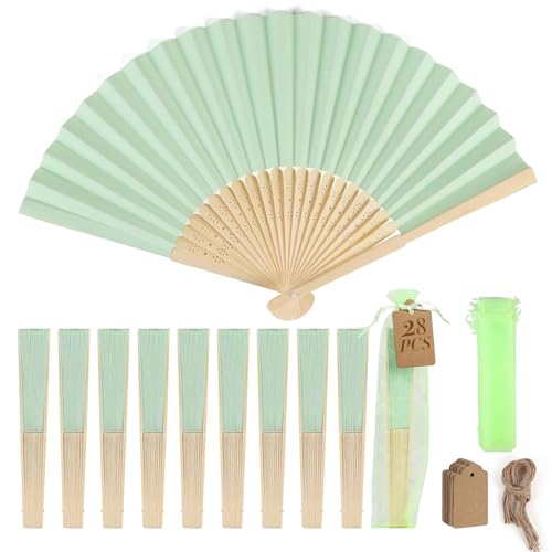 SWAWIS 28 Piezas Verde Claro Abanicos de Papel, Abanico Plegable con 30 Bolsas de Organza y Tarjetas de Agradecimiento, Abanicos de Bambú para Bodas Bautizos Decoraciones Fiestas DIY