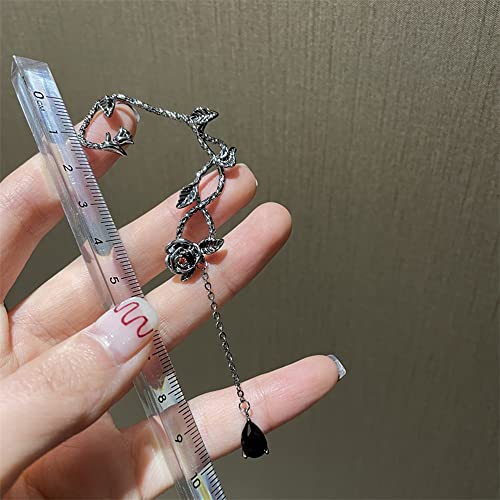 Bethynas Gothic Black Rose Ear Cuff With Water Drop Tassel Non-Piercing Solid Flower Vine Ear Cartilage Clip Retro Punk Floral Ear Climber Vintage Hip Hop Ear Crawler For Women Girls #TOP3