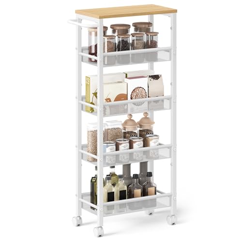 Image of VASAGLE Slim Rolling Cart, 5-Tier Storage Cart, Narrow Cart with Handle, 8.7 Inches Deep, Metal Frame, for Kitchen, Dining Room, Living Room, Home Office, Oak Beige and Classic White ULRC035W09