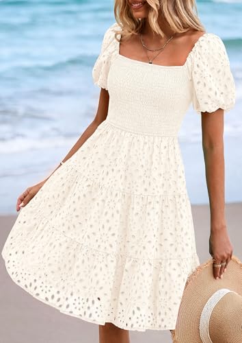 PRETTYGARDEN Womens Summer Puff Sleeve Mini Dress Off Shoulder Eyelet Smocked A Line Casual Babydoll Short Dresses4