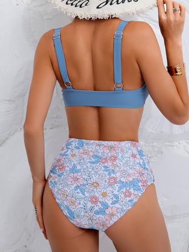 Image of Eomenie Bikini Sets for Women High Waisted Two Piece Bathing Suit U Wired V Neck Swimsuit Adjustable Straps Swimwear