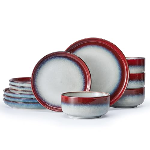 Image of KINGSTONE Stoneware Dinnerware Sets for 4, Reactive Glaze, Kiln-Fired Red | Unique Glaze Plates & Bowls Set | Sizable Lip | Scratch-Resistant | Microwave, Dishwasher & Oven Safe | Stackable | Serves 4