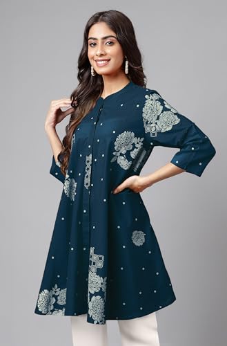 Image of Janasya Women's Pure Cotton Floral Printed Flared Tunic