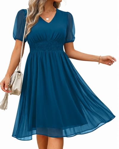 Image of Holipick Women Summer Casual Dress Wedding Guest V Neck Short Sleeves Smocked Waist Chiffon Swing Knee Length Midi Dresses