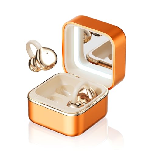 Image of Clip On Ear Headphones with a Makeup Mirror, Open Ear Earbuds Wireless Bluetooth Earbuds,Ultra-Long Battery Life, for Android /iOS Phones (Orange Color)