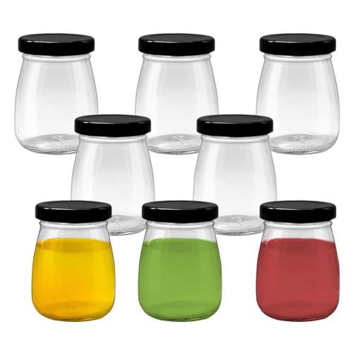 Aleker 8 PCS Small Glass Jars with Lids, 100ml Small Mason Jars with Lids, Leak-Proof Clear Glass Jars, Portable Mini Glass Bottles Storage Containers for Milk Jam Pudding Yogurt Honey Spices Ginger