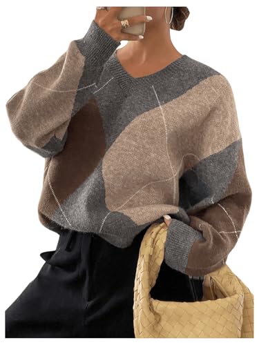 SOLY HUX Plaid Sweaters for Women V Neck Drop Shoulder Long Sleeve Color Block Pullover Sweater Tops