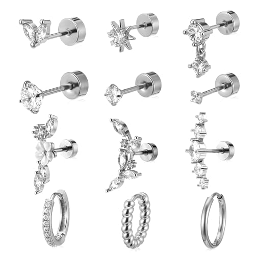 12 Piezas Pendientes de Cartílago para Mujer Plata Pendientes de Aro para Trago Pendientes de Espiral con Parte Posterior Plana Joyería de Perforación de Circonita para Mujeres y Niñas (Plata)