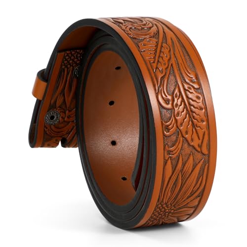 Western Belt for Men without Buckle Cowboy Leather Belt Country Belt 1.5”Embossed Leather Belt Strap2