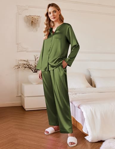 Ekouaer Silk Pajamas For Women 2 Piece Set Satin Pjs Long Sleeve Button Up Sleepwear Comfy Lounge sets2