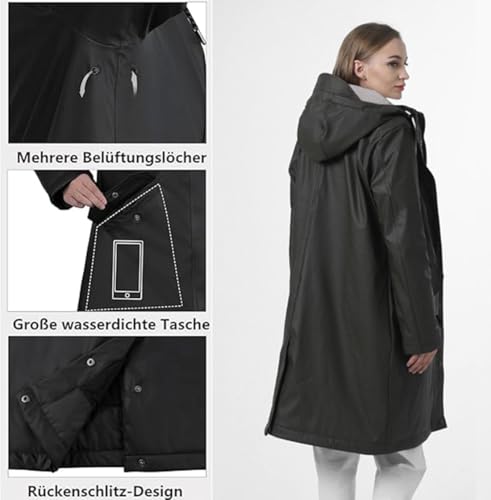 Regenmantel Damen Wasserdicht Regenjacke Winterjacke Damen Lang Wintermantel Warm Gefütterte Friesennerz Übergangsjacke Herbst Softshelljacke mit Kapuze Windbreaker Parka Winter,Schwarz,42