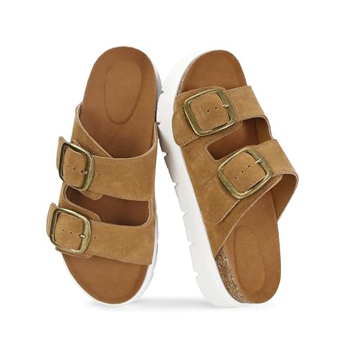 Image of Genuine Leather Platform Sandals for Women Comfortable Summer Beach Slides Sandals with Double Adjustable Buckle