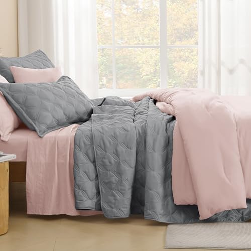 Image of Litanika Queen Quilt Bedding Set, Medium Grey Summer Lightweight Soft Comforter Bedspreads & Coverlets, Boho Farmhouse Bedding Cover Bed Decor All Season, 3 Pieces (1 Quilt, 2 Pillowcases)