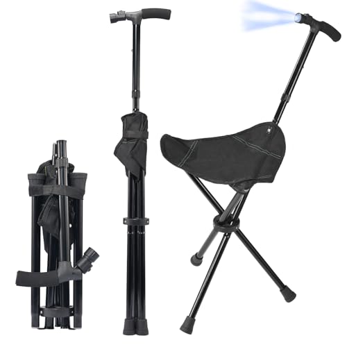 Cane with Seat Foldable Lightweight Walking Cane with LED Light Adjustable Walking Stick for Seniors