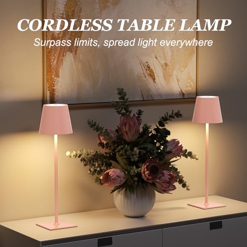 Image of Kakanuo Pink Cordless Rechargeable Table Lamp 5000mAh Battery Operated Lamps, 3 Colors Stepless Dimming Touch Lamp for Living Room, Kitchen Counter, Dining, Outdoor Patio, 2 Pack