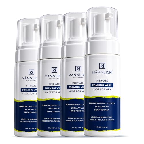 Image of Mannlich Intimate Wash 150 ml (Pack of 4) Relieves Itchiness & Odour, Prevents Fungal Growth, Genital Area, pH Balanced & Dermatologically Tested With Tea Tree Oil, Neem, Eucalyptus Oil, 1% Salicylic & Lactic Acid
